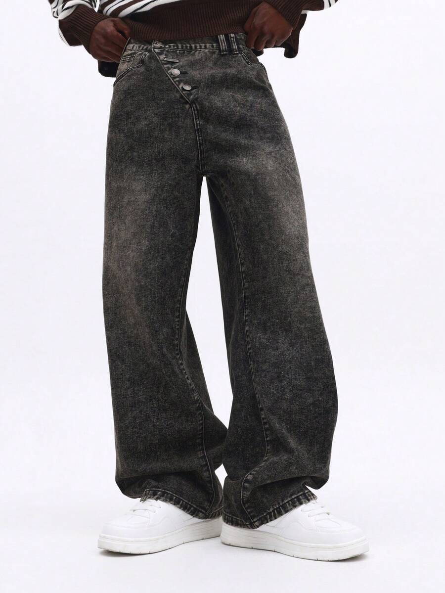 SUMWON 阔腿酸洗牛仔裤，纽扣门襟，宽松版型，休闲街头风，秋冬时尚 - 黑色 - 查看 1