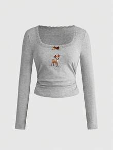 ROMWE J-Fashion 可爱小鹿刺绣蕾丝上衣搭配小鹿印花喇叭裤，秋冬装扮 - 淺灰色 - 查看 4