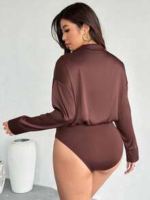 Firerie Plus Size Elegant Front Button Dropped Shoulder Long Sleeve Bodysuit, Suitable For Commuting, Autumn Brown Blouse Coffee Brown Top Office Blouse Brown Shirts For Women Business Casual Tops Woman - Coffee Brown - View 2