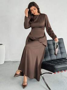 Firerie Plus Size Spring/Summer/Autumn/Winter New Elegant Casual Office Workwear Satin Asymmetric Ruched Waist Slim Long Sleeve Blouse + Regular Loose A-Line Maxi Skirt 2 Piece Set Plus Size Brown Satin Dress Curve Elegant Dress Brown Elegant Dress Women Plus Size Long Sleeve Dress Long Sleeve Elegant Dress