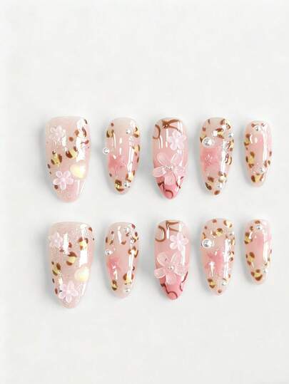 Anime 10pcs Cute Bowknot Music Note Star Element High Quality Handmade False Nails + 3pcs Double-Sided Adhesive, Y2K French Style Rhinestone Chain Polka Dot Removable Nail Art Stickers, Suitable For Holidays, Parties, Dancing And Daily Wear