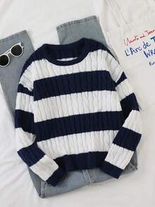 Blue & White Striped Twist Knit Sweater For Women, Casual Loose Fit Round Neck Striped Patchwork Pullover, Suitable For Autumn/Winter, Christmas, Halloween, New Year Party Blue And White Stripe Sweater Navy Blue Sweater Sweaters For Girls Blue And White Casual Sweater Striped Sweater Teen Blue And White Set Sweaters For Teens - White - View 1