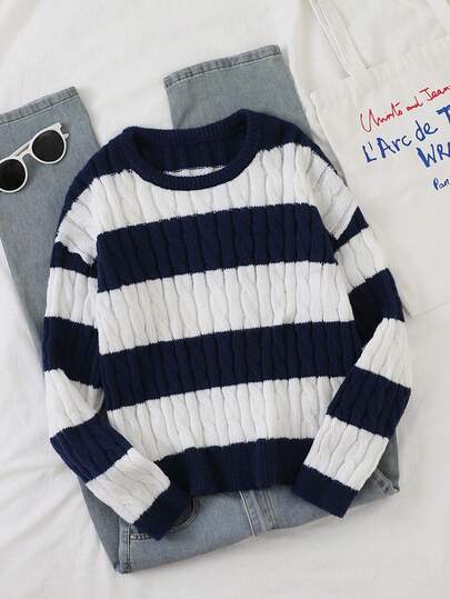 Blue & White Striped Twist Knit Sweater For Women, Casual Loose Fit Round Neck Striped Patchwork Pullover, Suitable For Autumn/Winter, Christmas, Halloween, New Year Party Blue And White Stripe Sweater Navy Blue Sweater Sweaters For Girls Blue And White Casual Sweater Striped Sweater Teen Blue And White Set Sweaters For Teens