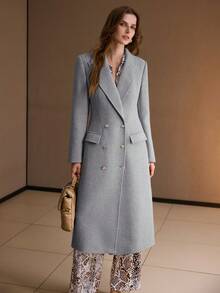 MOTF PREMIUM 女士双排扣尖领长款大衣，秋冬季 - 淺灰色 - 查看 4