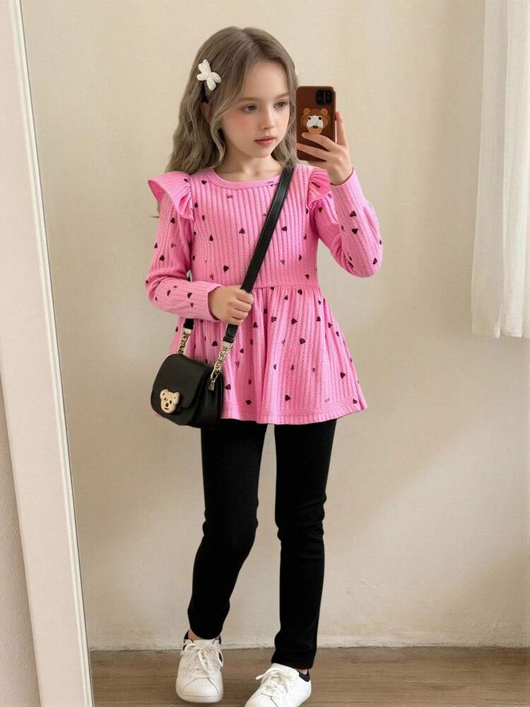 Elladie kids Vår-/höstset med hjärtmönster för flickor, digitaltryckt t-shirt med rosa hjärtmönster och fladdrande ärm, rund halsringning med långärmad topp i kombination med svarta enfärgade casualbyxor, tvådelad outfit lämplig för skolflicka, casual, vardag, semester, fotografering, fest - Rosa - Visa 1