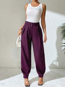 Xyvia Women's Elegant High Waist Double Button Decor Pleated Long Slim Pants, Casual, Spring/Autumn - Purple - View 3