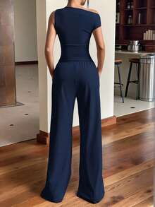 SHEIN EZwear 2pcs Women Casual Commuting Solid Color Asymmetrical Top And Pants Set - Navy Blue - View 2
