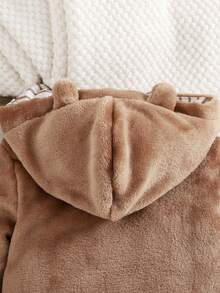 SHEIN 男婴休闲舒适连帽条纹可爱小熊刺绣双面法兰绒连体衣，适合日常休闲穿着，秋冬季 - 棕色 - 查看 5