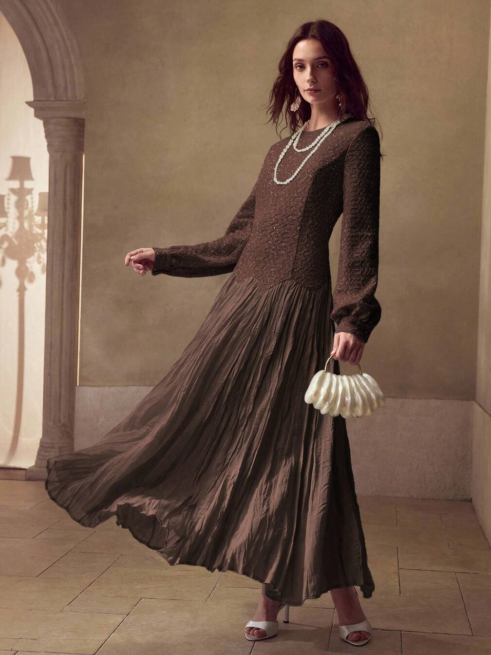 flowy winter dress MOTF ELEGANT WOMEN'S LONG SLEEVE ROUND NECK FITTED DRESS, KNITTED WAVY TEXTURE FABRIC WITH WOVEN RUFFLE HEM, FRENCH CHIC LUXURIOUS DRESS, AUTUMN/WINTER｜Motf Wedding guest dress