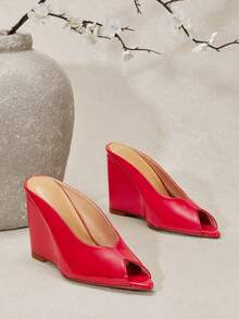 SHUZIA 女士时尚简约坡跟凉鞋 - 酒紅色 - 查看 6