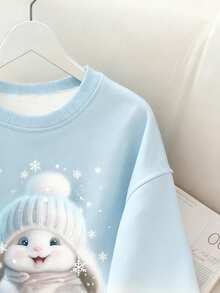 Resyla 可爱雪人渐变蓝色数码印花时尚简约女款圆领长袖卫衣，送朋友的礼物，秋冬季 - 白色 - 查看 3