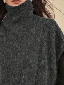 Dazy-Less 女士纯色高领蝙蝠袖短袖宽松休闲针织上衣，秋冬款 - 灰色 - 查看 5