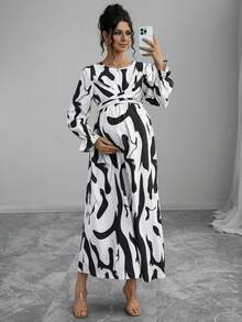 Momance Women's Fashionable Elegant Round Neck Twisted Asymmetric Geometric Print Waist Tie Maternity Long Sleeve Dress, Spring/Autumn - White - View 3