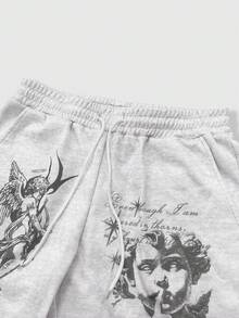 ROMWE MEN Street Life 男士天使字母印花抽绳腰休闲运动裤 - 彩色 - 查看 3