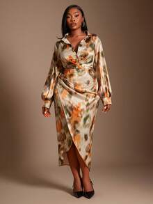 SHEIN SXY Váy sơ mi xẻ tà cao họa tiết tie-dye thời trang tối giản thường ngày cho nữ cỡ lớn - Nhiều màu - Xem 3