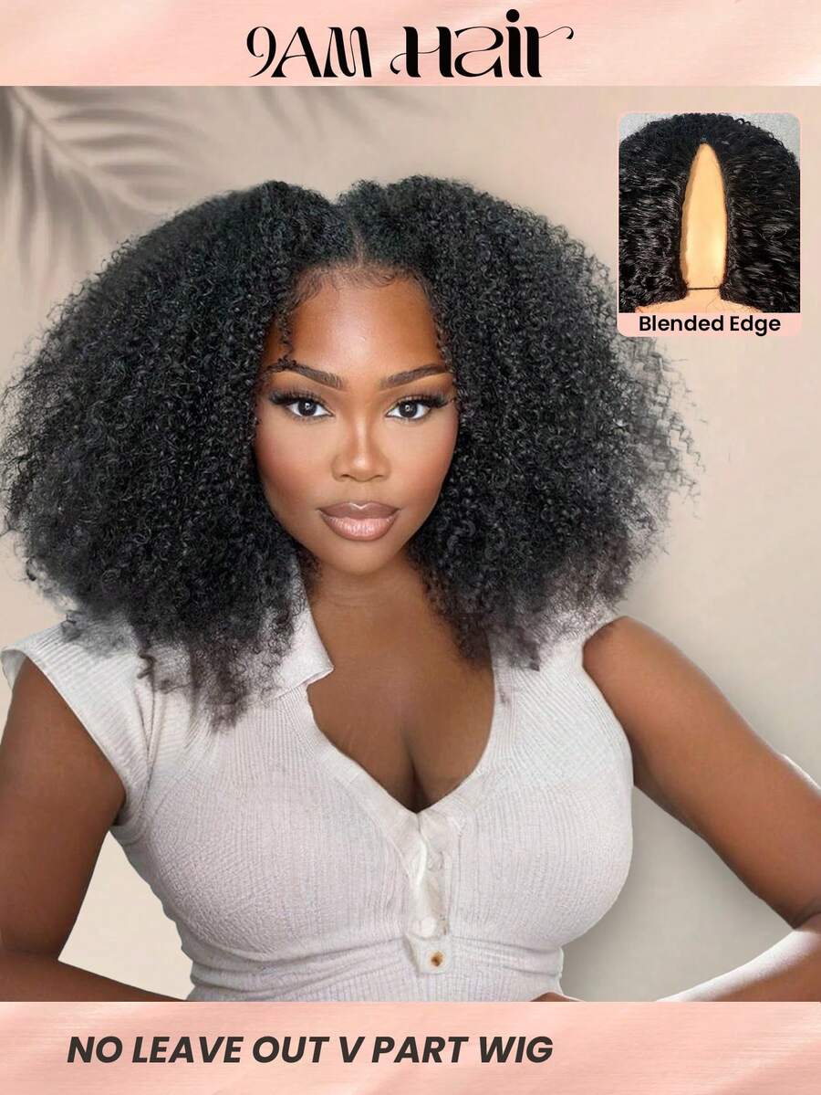 9AM HAIR STORE 无留发 V 型分缝带弹性抽绳保护型非裔卷发无胶假发，180% 密度，14-16 英寸波波头，18-30 英寸长发，自然黑色，外观自然，适合初学者，快速发货，编织无胶情人节真人发无蕾丝假发，自然无胶假发，适合浪漫约会，女士适用 - S1 - 查看 1