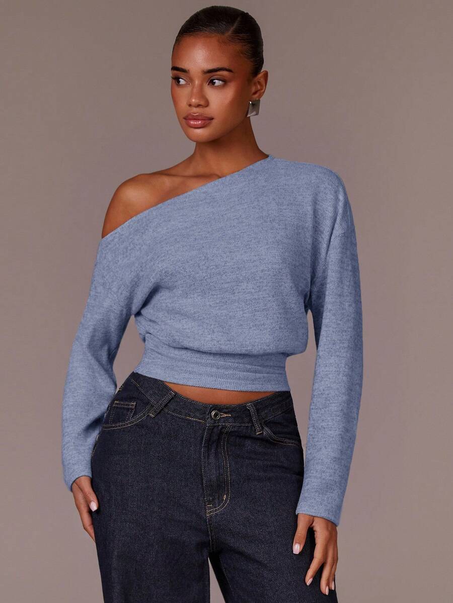 Athîral Damen Einfarbiges Schulterfrei Langarm Crop Top Modisches T-Shirt - Blau - Übersicht 1