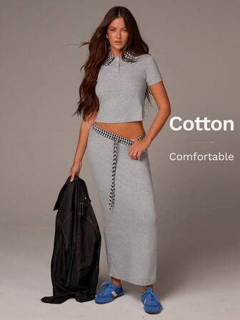 Athîral Women's Plaid Patchwork Polo Collar Short-Sleeved Grey T-Shirt And Long Skirt Casual Set, Two-Piece Set With Plaid Patchwork Design At The Collar And Waist, Stretchy, Comfortable And Soft,Athleisure Outfits