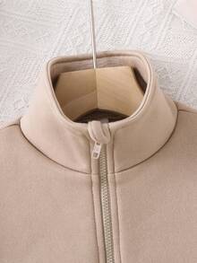 SHEIN Young Girl Zip-Up Drawstring Long Sleeve Warm Fleece Fashionable Casual Stand Collar Sweatshirt Jacket Khaki Zip Up In Fall/Winter Zip Up Top Khaki Top Sweatshirt Plain Color Zip Up Sweatshirt Chic Beige Cropped Sweatshirt Jacket With Full Zip And Stand Collar Ideal For Casual Fall Spring - Khaki - View 14
