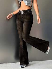 SHEIN ICON 女士低腰喇叭双扣牛仔裤 - 黑色 - 查看 4