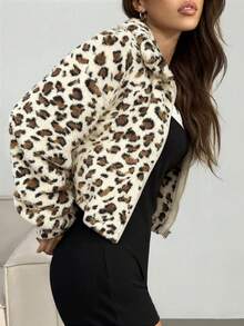 SHEIN EZwear 时尚复古豹纹蓬松宽松外套，秋冬款 - 杏色 - 查看 3