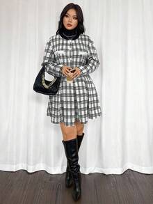 Firerie Plus Size Women's Elegant Commuter Workwear Sophisticated High-End Afternoon Tea Slightly Sexy Date Music Concert Collegiate Vintage Black & White Plaid Print Long Sleeve Jacket & Pleated Mini Skirt, Back To School Outfit Flannel Wednesday Addams In Fall/Winter