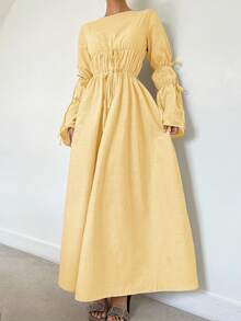 Siren Gaze 秋季新款褶皱抽绳超长喇叭袖A字连衣裙，自然色，舒适宽松休闲秋冬长款女装 - 黃色 - 查看 4