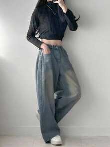 DAZY 女士休闲水洗复古阔腿牛仔裤 Y2k - 中等水洗藍 - 查看 3