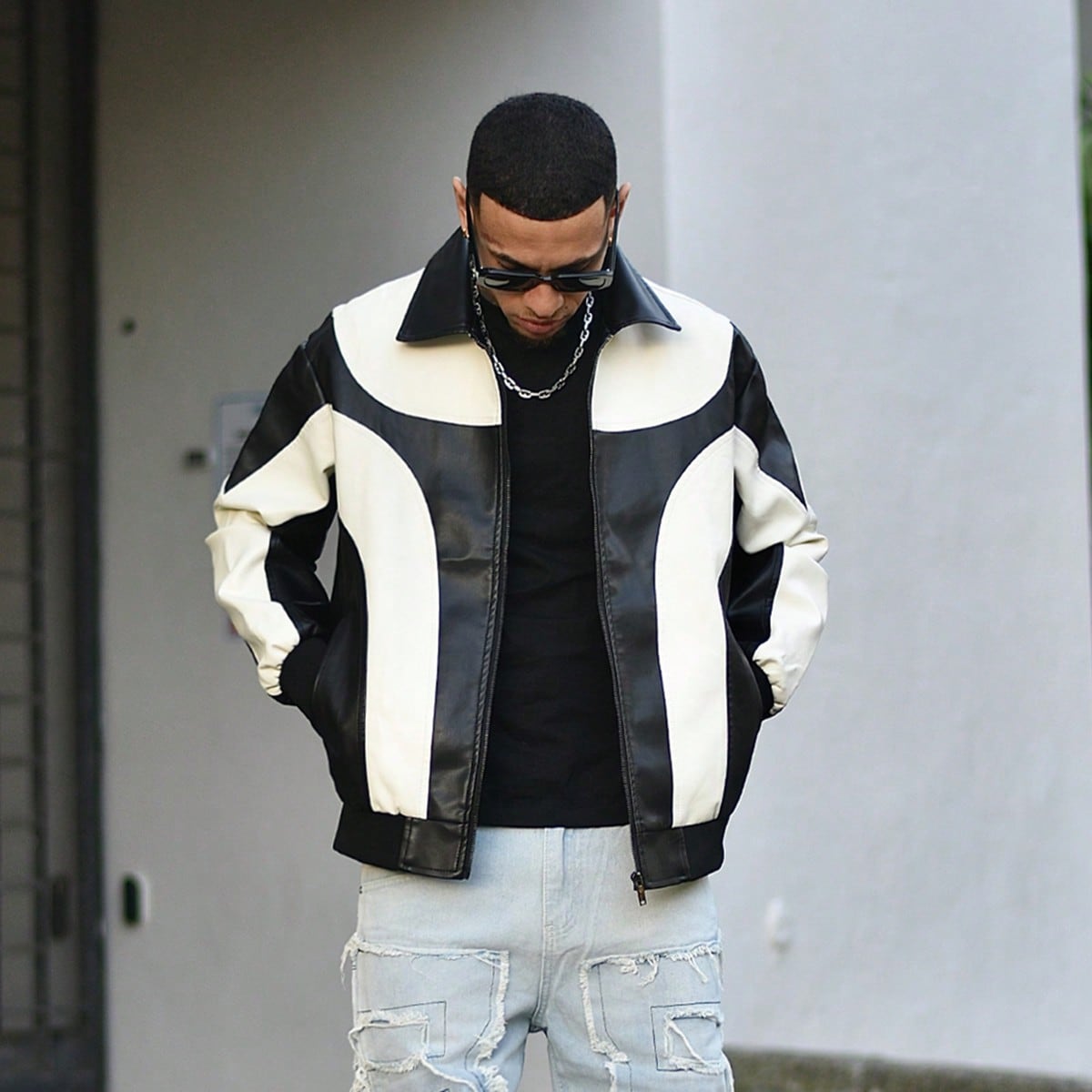 Chaqueta de cuero sintético con cremallera de dos tonos para hombre, para otoño e invierno