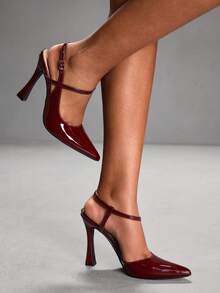 CUCCOO SZL 女士尖头搭扣设计时尚高跟鞋，适合日常穿着 - 酒紅色 - 查看 2