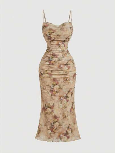 SHEIN MOD Floral Print Ruched Mesh Fitted Slip Dress For Women, Elegant Romantic Outfit, Vintage, Hippie Clothes, Masquerade Ball Vacation Beige Summer