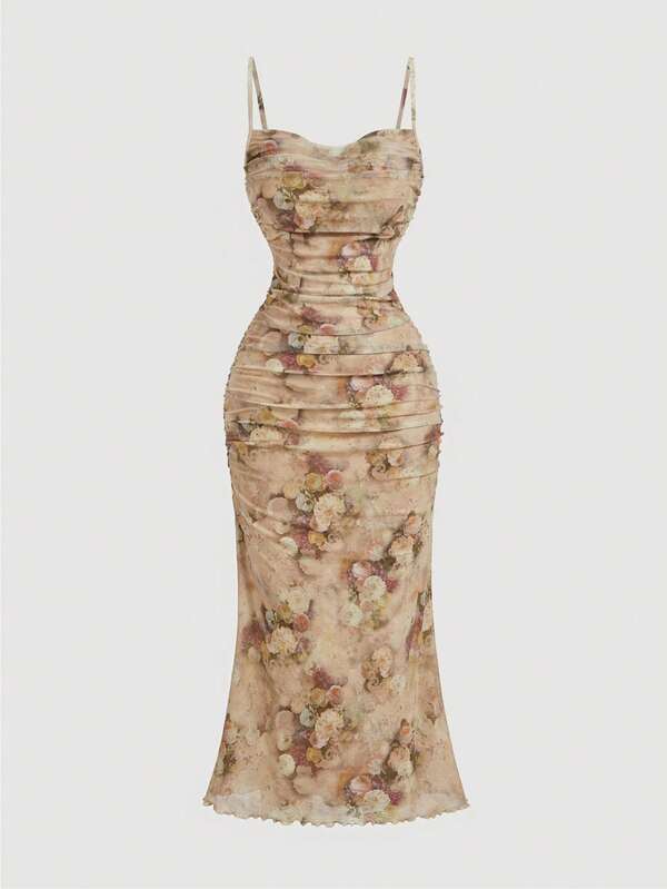 SHEIN MOD 女士碎花褶皱网纱修身吊带裙，优雅女装，女士套装，复古风，嬉皮风，化装舞会礼服