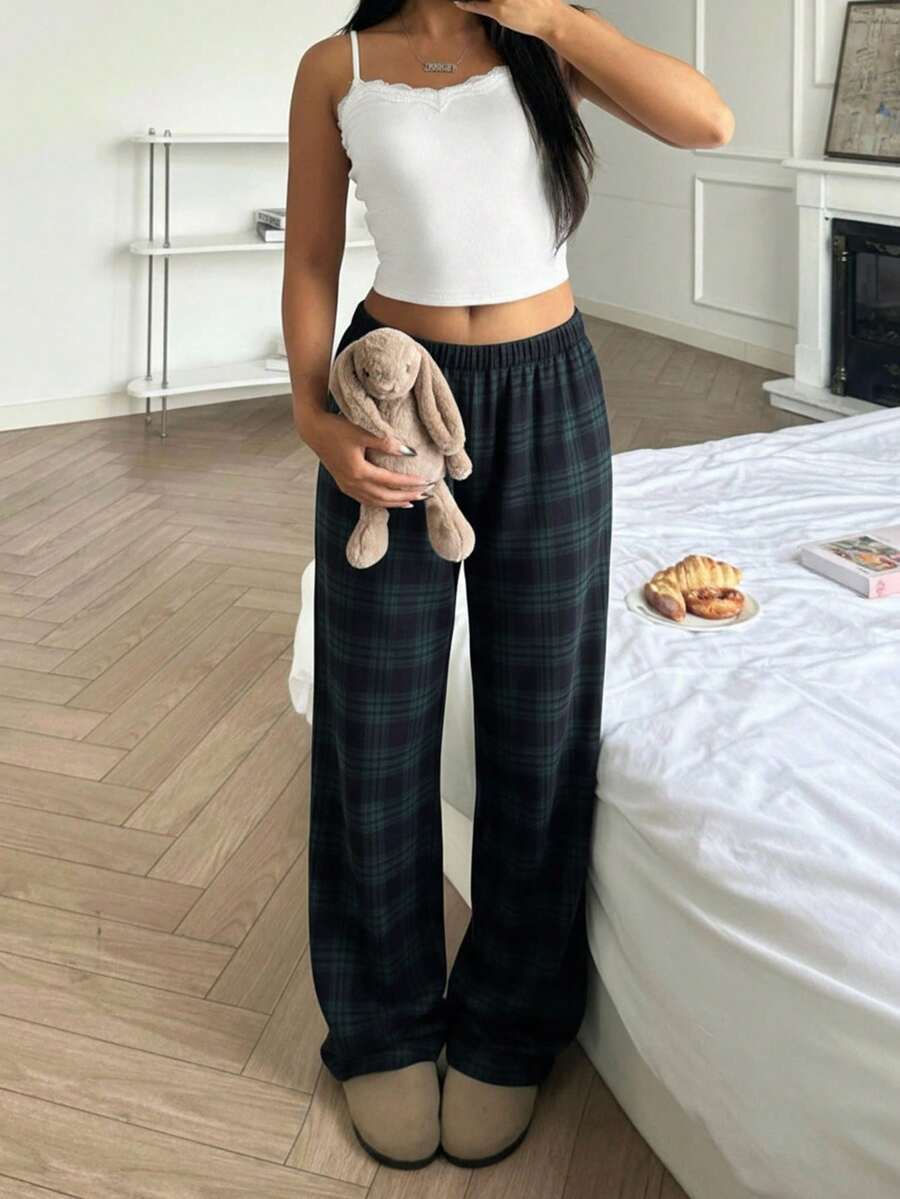 少女甜美可爱撞色蕾丝V领吊带背心和格子裤家居服 - 綠色 - 查看 1