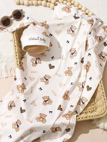 SHEIN 2件套新生儿摄影包巾，可爱小熊印花弹力婴儿襁褓毯，配同款睡帽，新生儿男女宝宝摄影道具