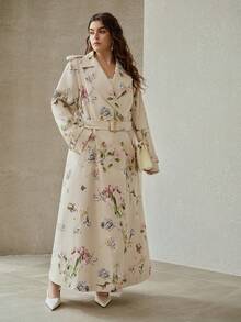 MOTF PREMIUM PLUS SIZE FLORAL PRINT LAPEL COLLAR SLANT POCKET BUCKLE BELTED LONGLINE TRENCH COAT