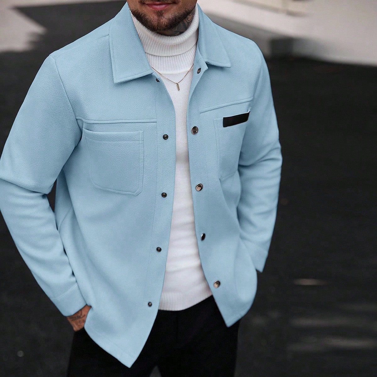 Abrigo informal de unicolor para hombres, adecuado para otoño e invierno, abrigo con botones de color azul cielo