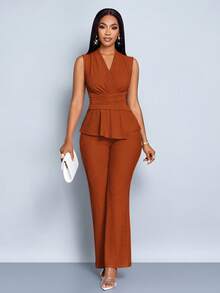 SOLERSUN 女款杏色优雅V领长袖T恤阔腿裤两件套不对称下摆两件套日常休闲女装春夏无袖短袖 - 棕色 - 查看 5