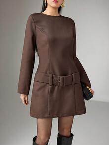 Heiryn 女式纯色圆领长袖系带休闲短款连衣裙 - 棕色 - 查看 4