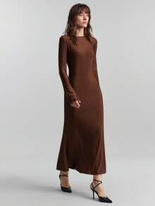 Ontre 女士棕色纹理高弹舒适面料露背蕾丝拼接V领露背前襟常规肩长袖美人鱼廓形复古邮轮度假风时尚都市休闲商务正式办公室连衣裙，优雅低调复古风格，高品质机场时尚，四季皆宜的美丽长裙，派对必备棕色长裙棕色婚礼宾客礼服棕色优雅连衣裙女士长袖优雅连衣裙棕色性感连衣裙情人节特别设计高端、优雅、复古 - 棕色 - 查看 6