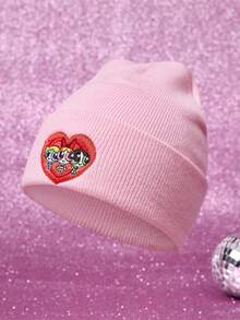 THE POWERPUFF GIRLS X SHEIN 1顶针织帽，饰有花朵、泡泡和毛茛刺绣，翻边设计，保暖时尚 - A - 查看 1