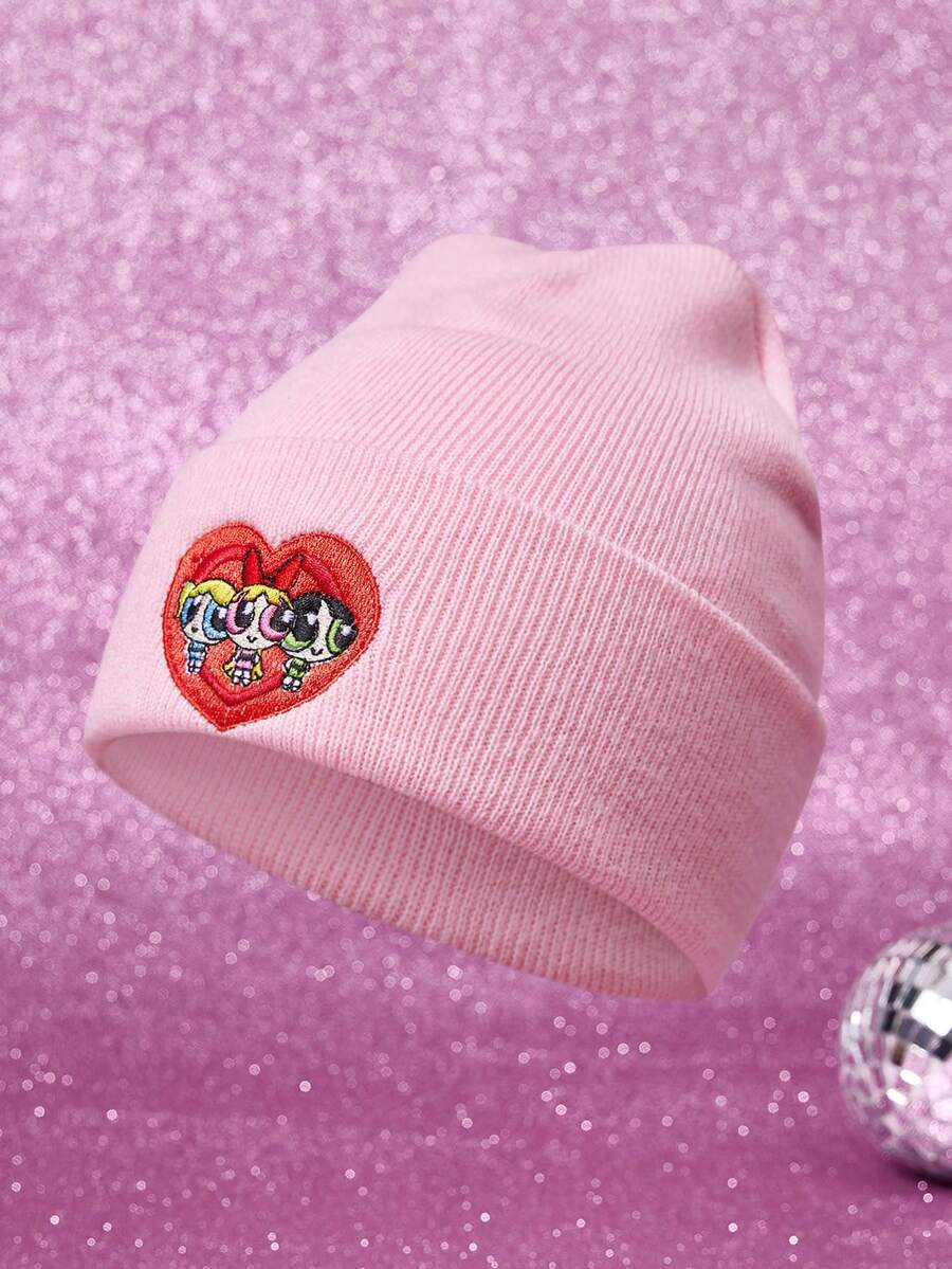THE POWERPUFF GIRLS X SHEIN 1顶针织帽，饰有花朵、泡泡和毛茛刺绣，翻边设计，保暖时尚 - A - 查看 1