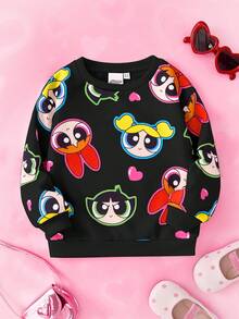 THE POWERPUFF GIRLS X SHEIN 小女孩卡通爱心花朵、泡泡、毛茛图案可爱长袖圆领卫衣