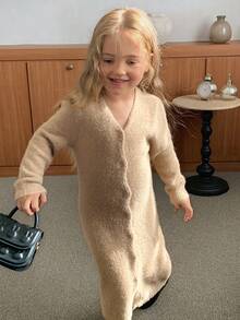 Dazy Kids V-ringad koftaklänning för flickor, höstkläder för unga flickor - Kaki - Visa 4