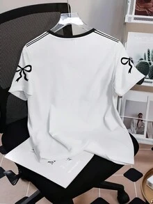 HARRY POTTER X SHEIN 女士休闲时尚街头运动学院风趣味卡通人物和数字蝴蝶结印花撞色条纹肩部短袖 T 恤，夏季 - 白色 - 查看 2