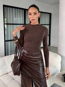 Lavishia 女士休闲纯色修身长袖针织T恤，秋季棕色长袖上衣 - 咖啡棕 - 查看 4