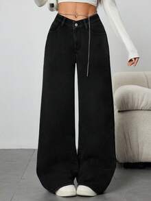 SHEIN ICON Quần jeans denim lưng thấp dáng chữ V lót nhiệt ấm áp cho nữ mùa đông - màu đen - Xem 7