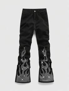 ROMWE MEN Men's Rhinestone Flame Print Pocket Flared Leg Jeans - Black - View 1