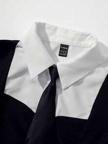 Sweetra Bộ đồ hai mảnh áo sơ mi cổ buộc tay dài phối màu đơn giản mùa thu/đông và quần ống rộng ống đứng, phong cách sinh viên dành cho nữ - Đen và trắng - Xem 5