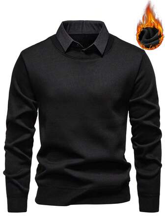 Manfinity Mode Men's Fleece-Lined Casual Turndown Collar 2 In 1 Long Sleeve Sweater, Autumn/Winter Black Long Sleeve Sweater