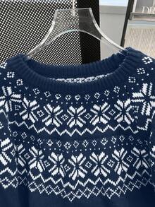 Franclia Sweater Rajut Kasual Motif Kepingan Salju Natal, Musim Gugur/Musim Dingin - Royal Blue - View 3
